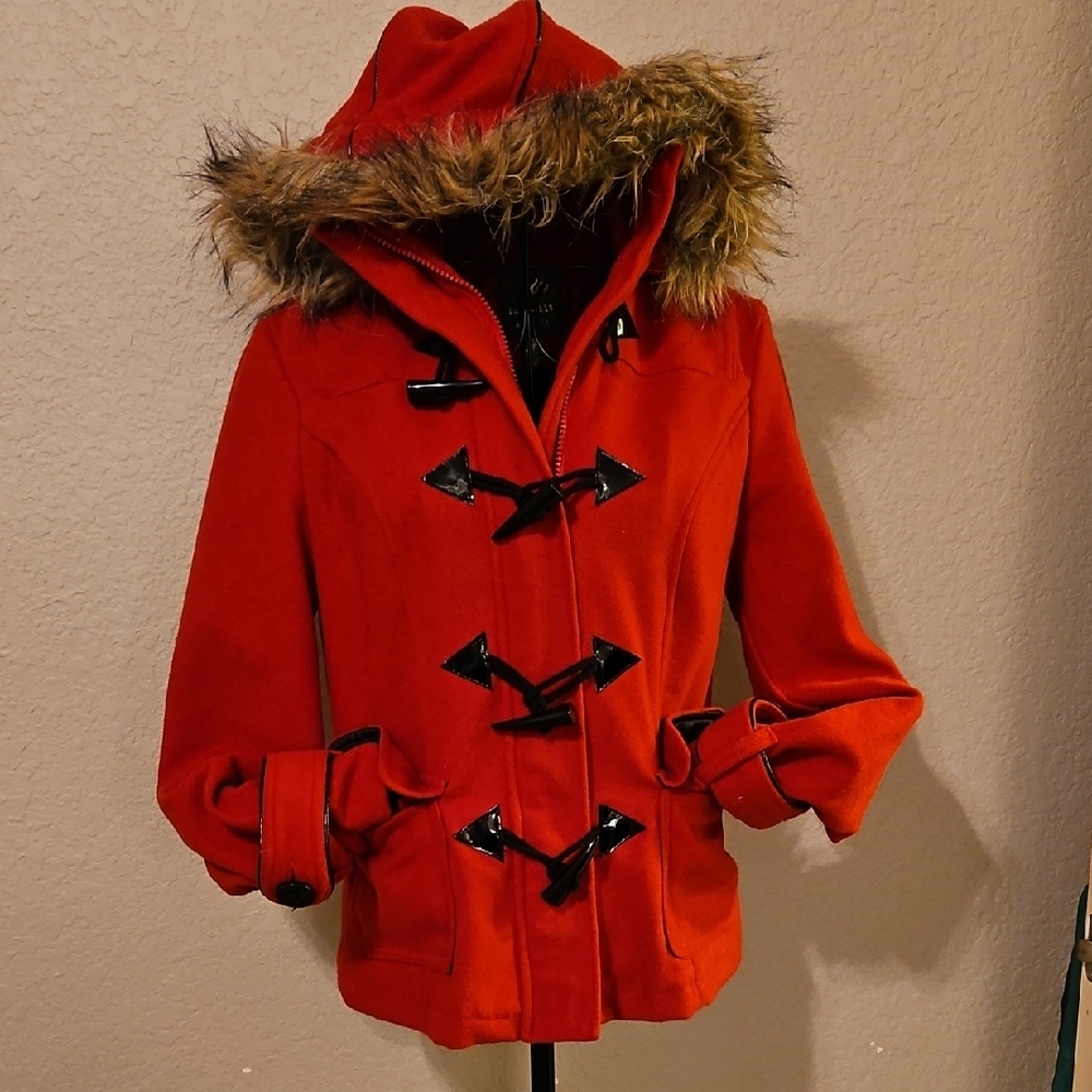 Full Tilt Red Toggle Jacket with Faux Fur Hood